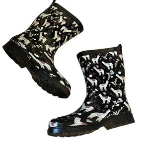 Black Llama Print Rain Boots Women’s Size 8 Waterproof Mid-Calf